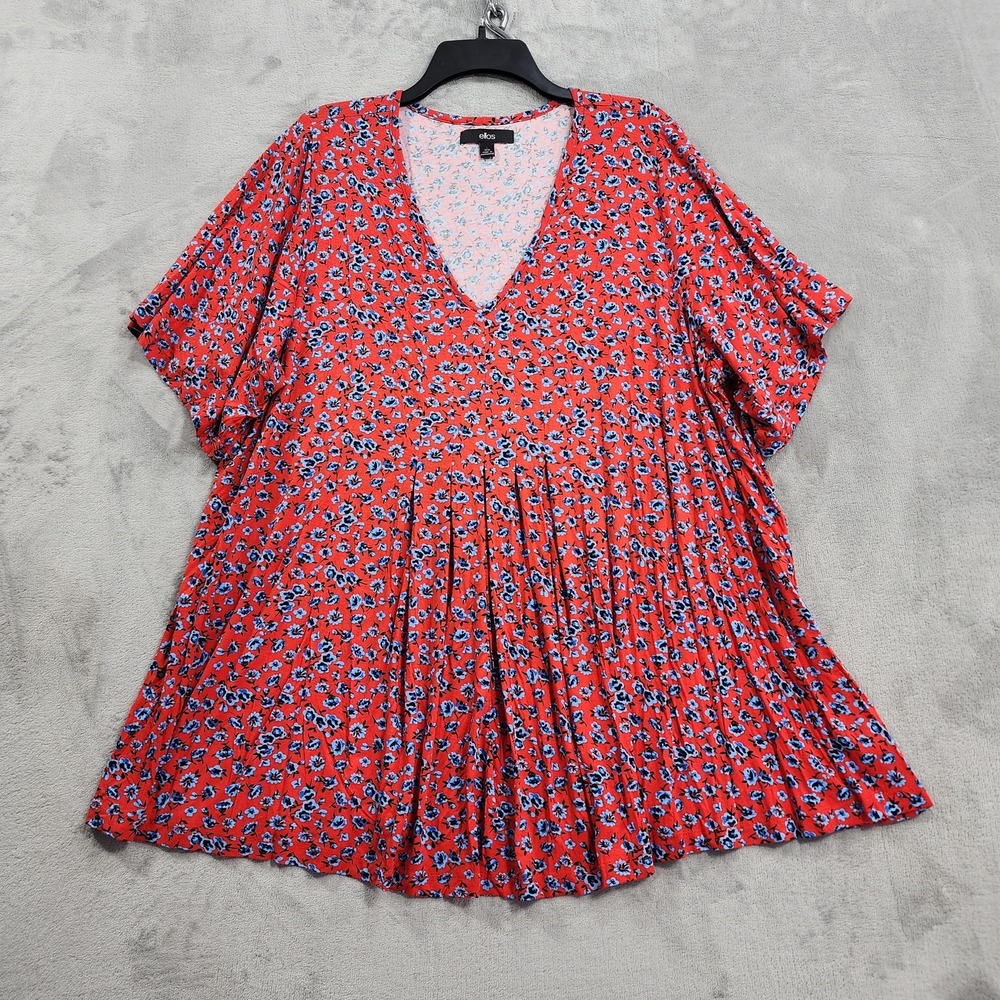 Ellos Shirt Womens 18/20 Red Floral V-Neck Front Pleat Tunic